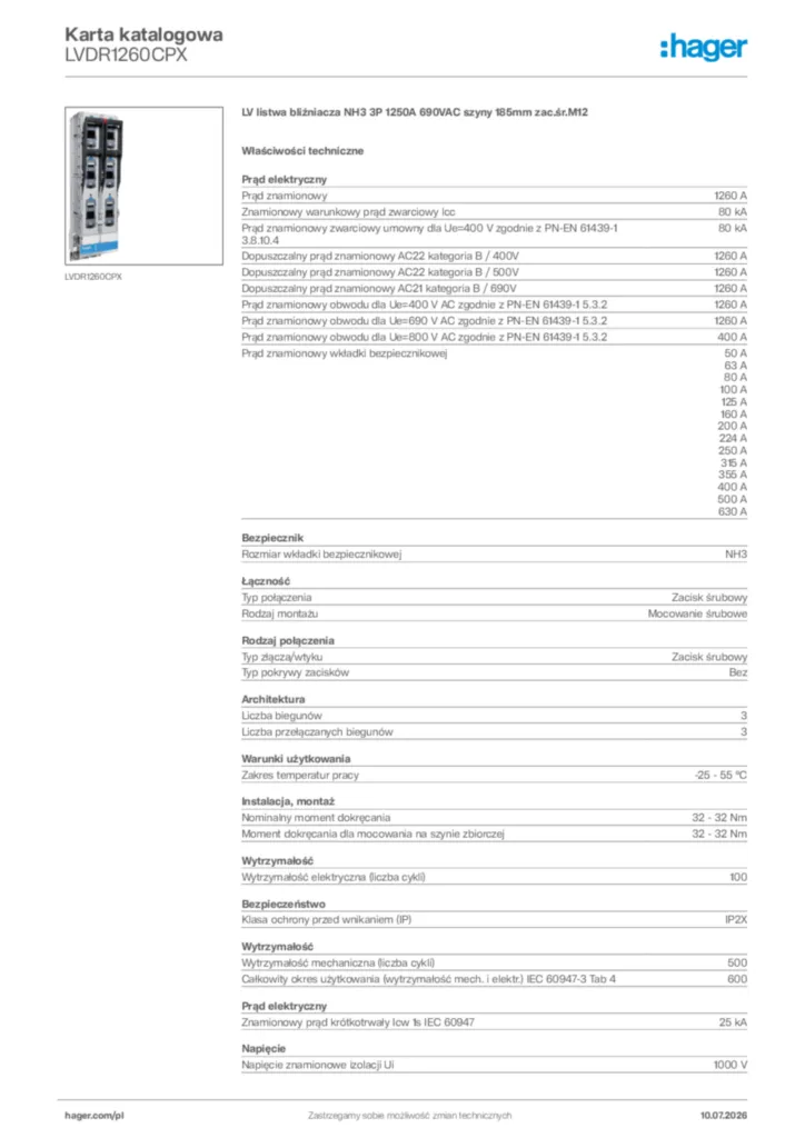 Zdjęcie Hager Karta katalogowa LVDR1260CPX | Hager Polska
