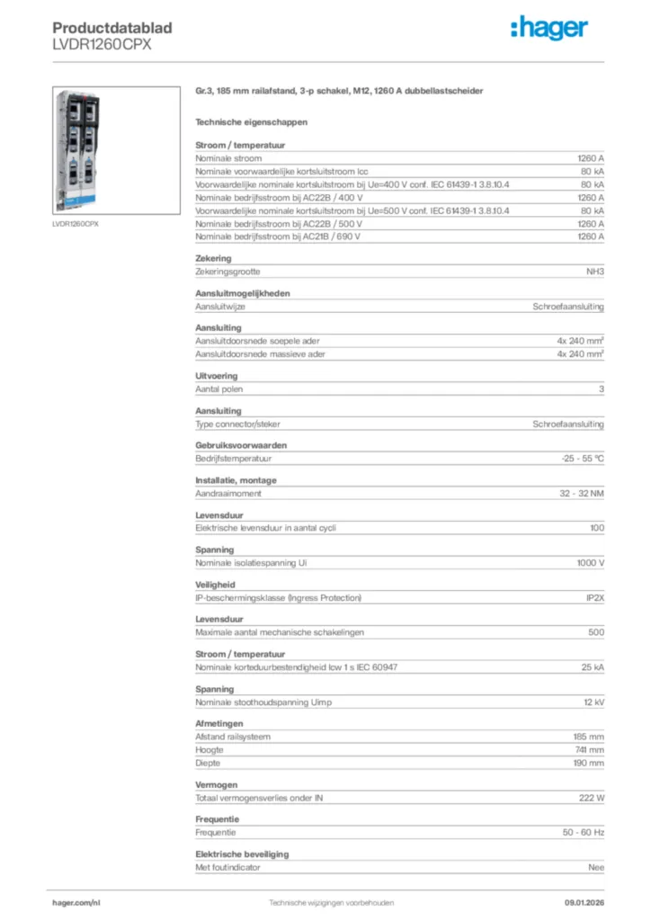 Afbeelding Hager Productdatablad LVDR1260CPX | Hager Nederland