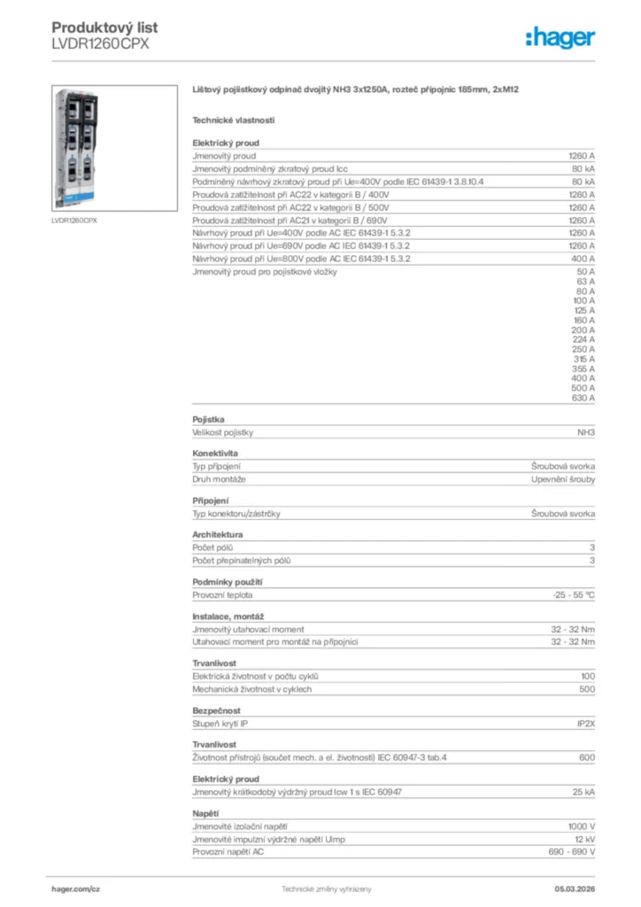 Obrázek Hager Product data sheet LVDR1260CPX | Hager