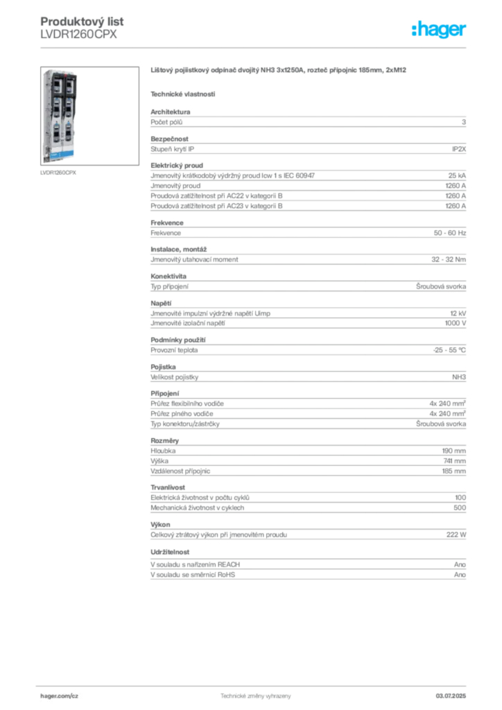 Obrázek Hager Produktový list LVDR1260CPX | Hager