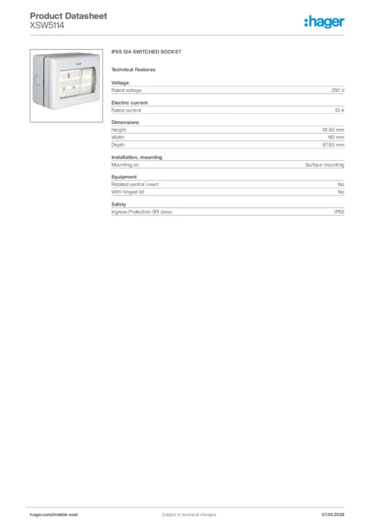 Image Hager Product data sheet XSW5114  | Hager