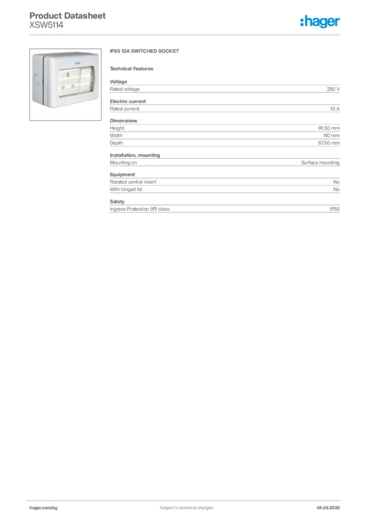 Image Hager Product data sheet XSW5114  | Hager