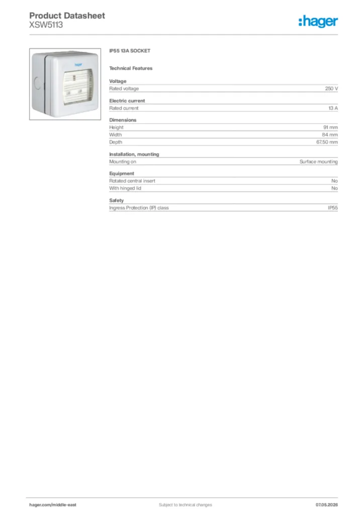 Image Hager Product data sheet XSW5113  | Hager