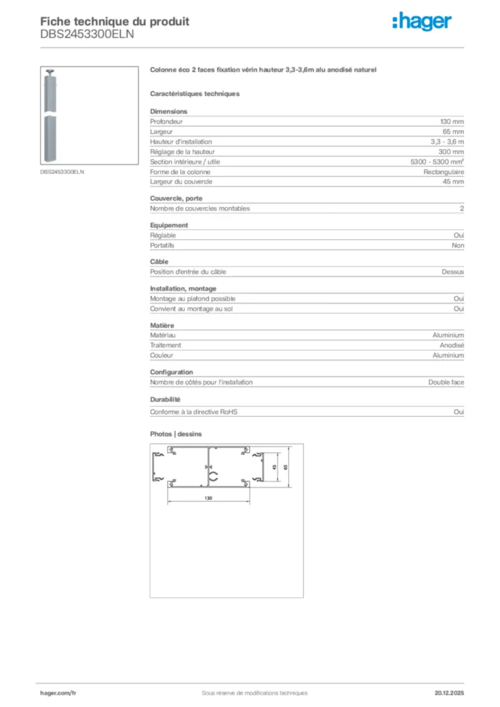 Image Hager Fiche technique du produit DBS2453300ELN | Hager France