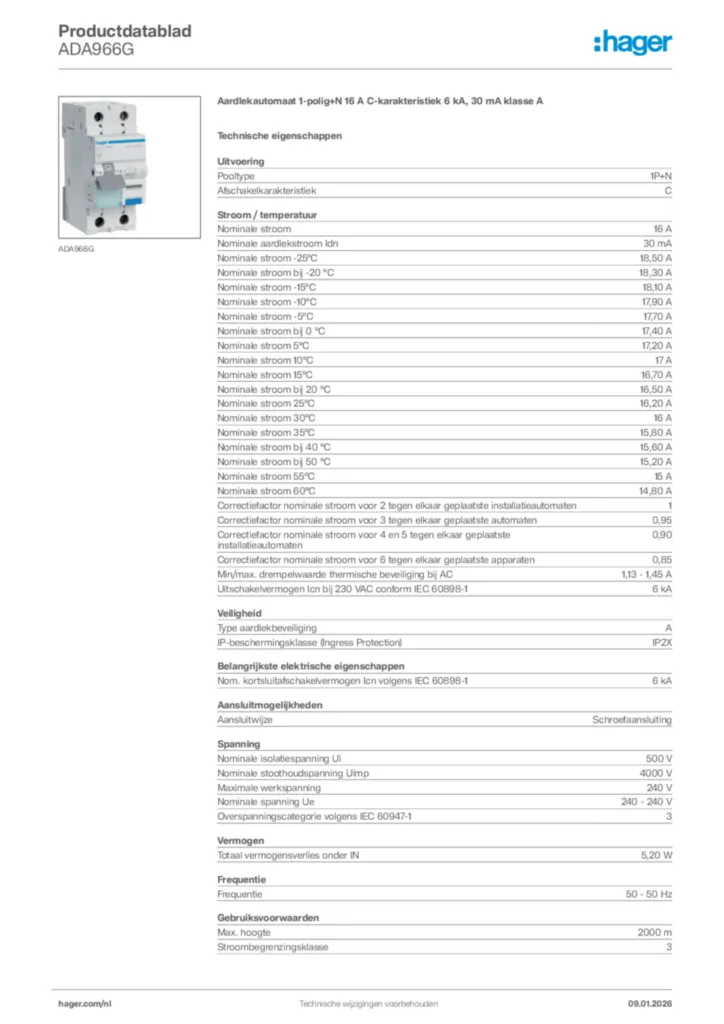 Afbeelding Hager Productdatablad ADA966G | Hager Nederland
