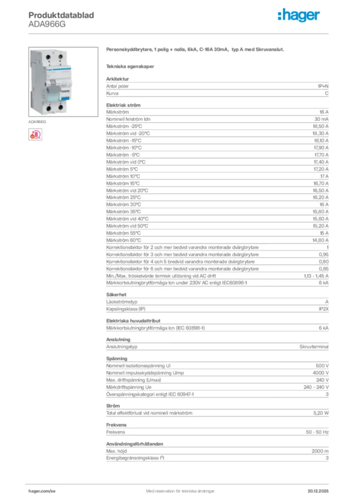 Bild Hager Produktdatablad ADA966G | Hager Sverige
