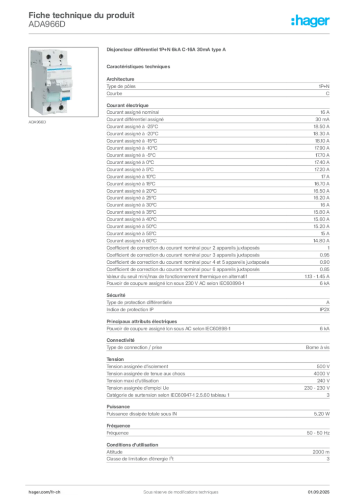 Image Hager Fiche technique du produit ADA966D | Hager Suisse