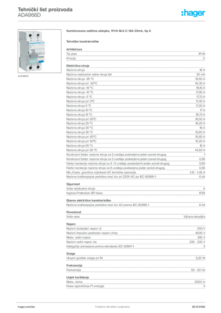 Slika Hager Product data sheet ADA966D  | Hager