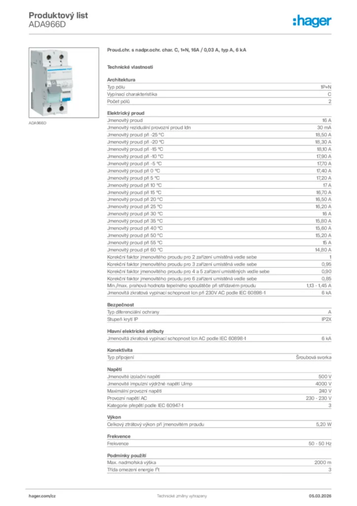 Obrázek Hager Product data sheet ADA966D | Hager