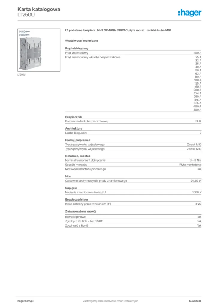 Zdjęcie Hager Karta katalogowa LT250U | Hager Polska