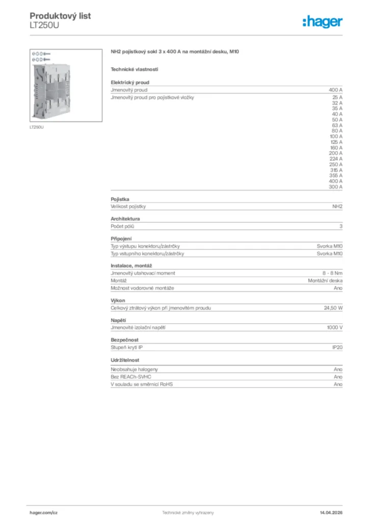 Obrázek Hager Product data sheet LT250U | Hager