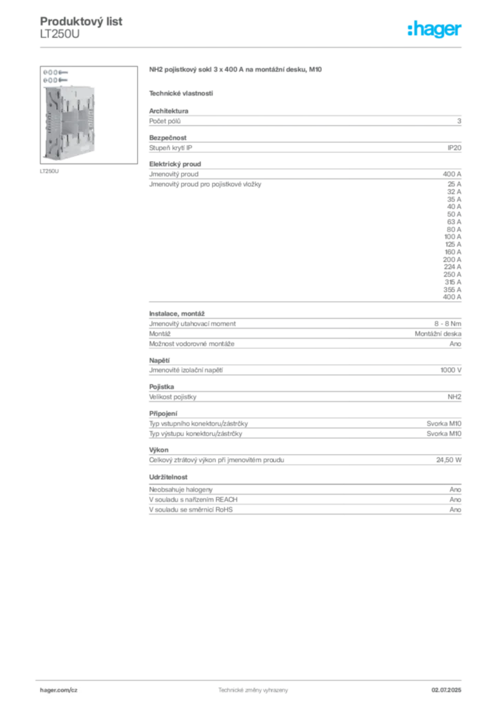 Obrázek Hager Produktový list LT250U | Hager