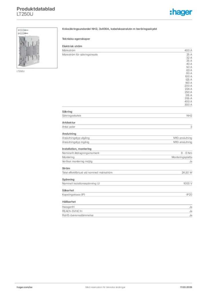 Bild Hager Produktdatablad LT250U | Hager Sverige
