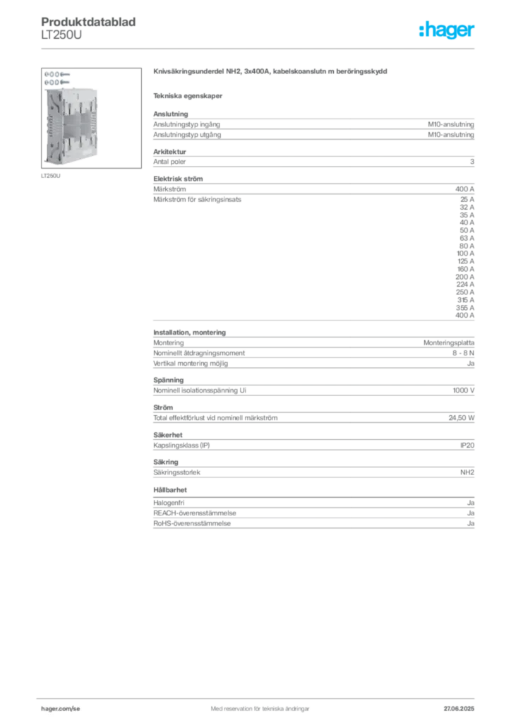 Bild Hager Produktdatablad LT250U | Hager Sverige