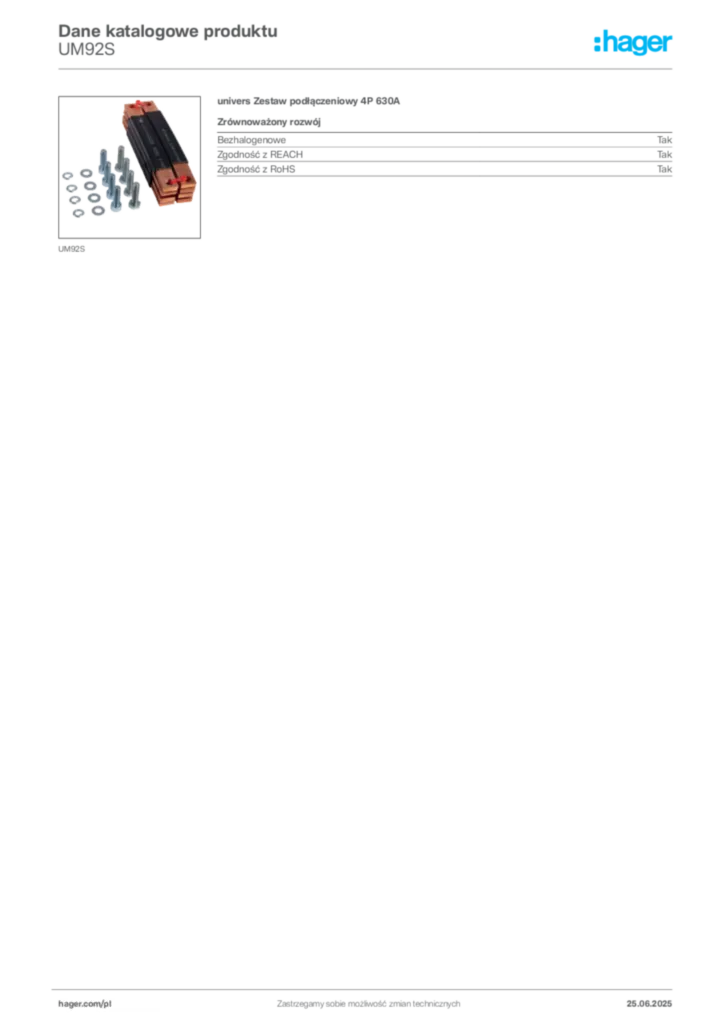 Zdjęcie Hager Karta katalogowa UM92S | Hager Polska