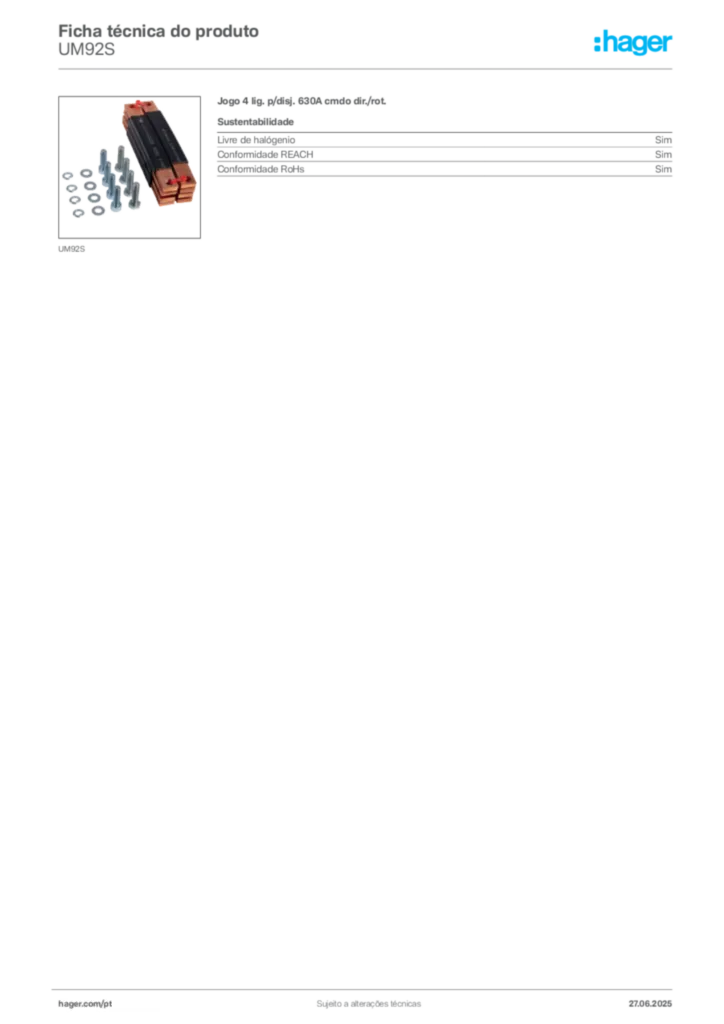 Imagem Hager Ficha técnica do produto UM92S | Hager Portugal
