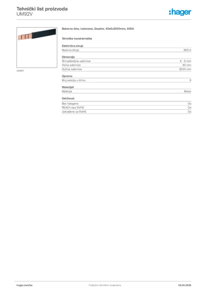 Slika Hager Tehnički list proizvoda UM92V  | Hager