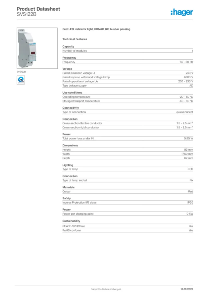 Image Hager Product data sheet SVS122B  | Hager Africa