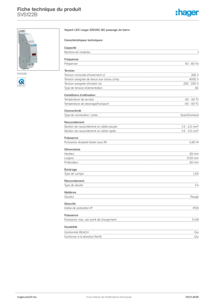 Image Hager Fiche technique du produit SVS122B | Hager Belgique