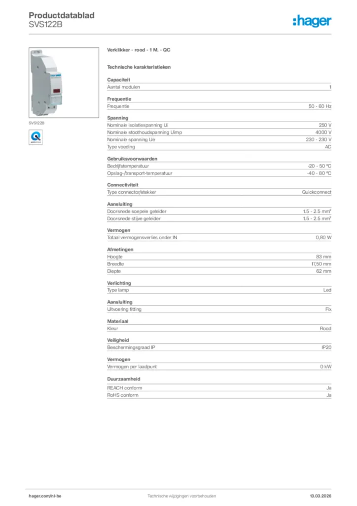 Afbeelding Hager Productdatablad SVS122B | Hager Belgium