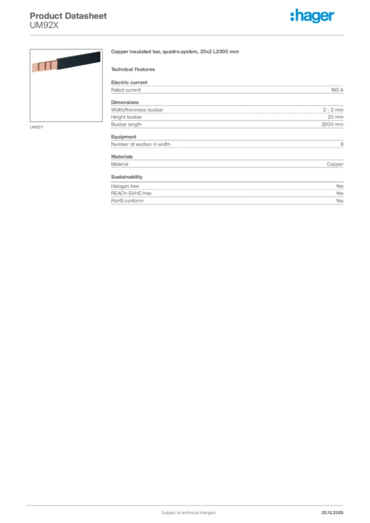 Image Hager Product data sheet UM92X  | Hager Africa