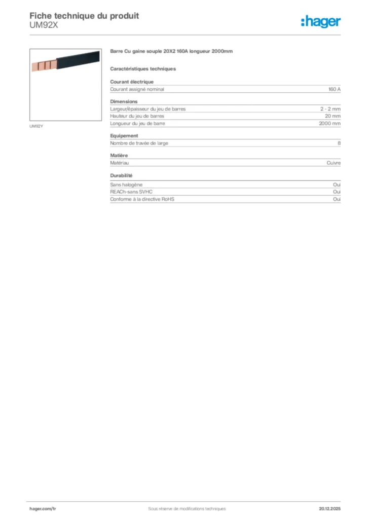 Image Hager Fiche technique du produit UM92X | Hager France