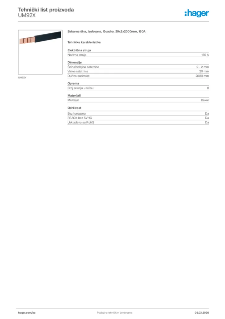 Slika Hager Tehnički list proizvoda UM92X  | Hager