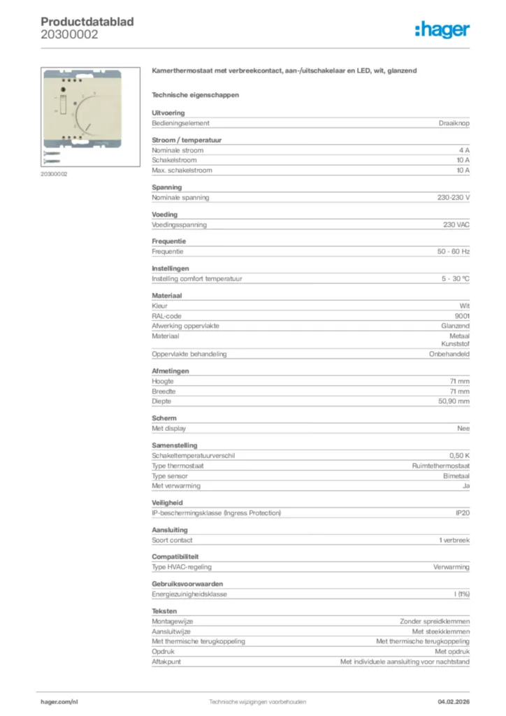 Afbeelding Hager Productdatablad 20300002 | Hager Nederland