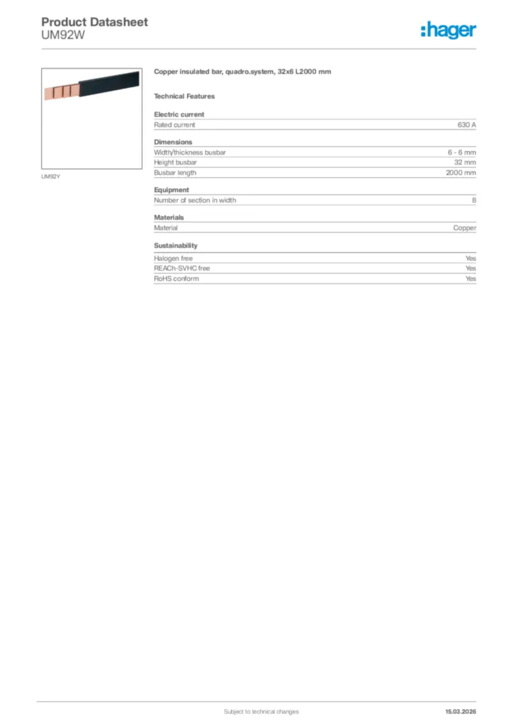 Image Hager Product data sheet UM92W  | Hager Africa