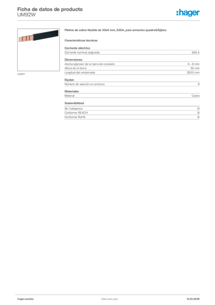 Imagen Hager Ficha de datos de producto UM92W | Hager España
