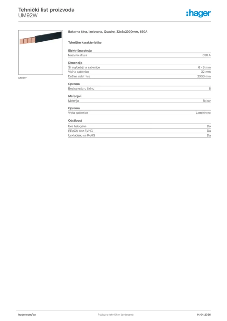Slika Hager Tehnički list proizvoda UM92W  | Hager