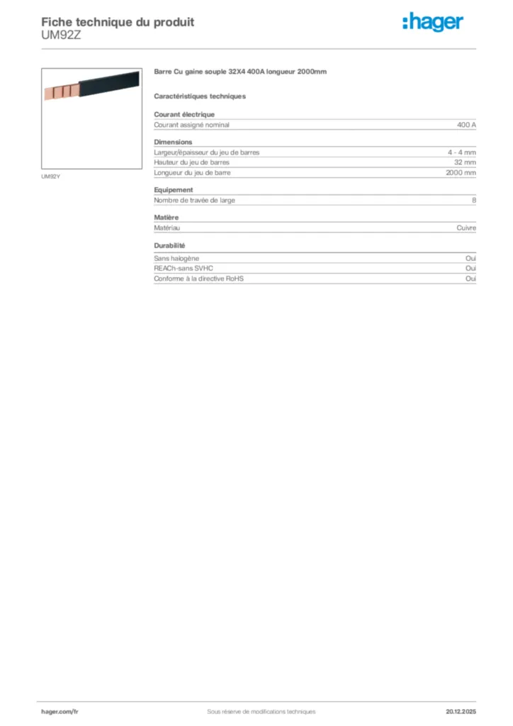 Image Hager Fiche technique du produit UM92Z | Hager France