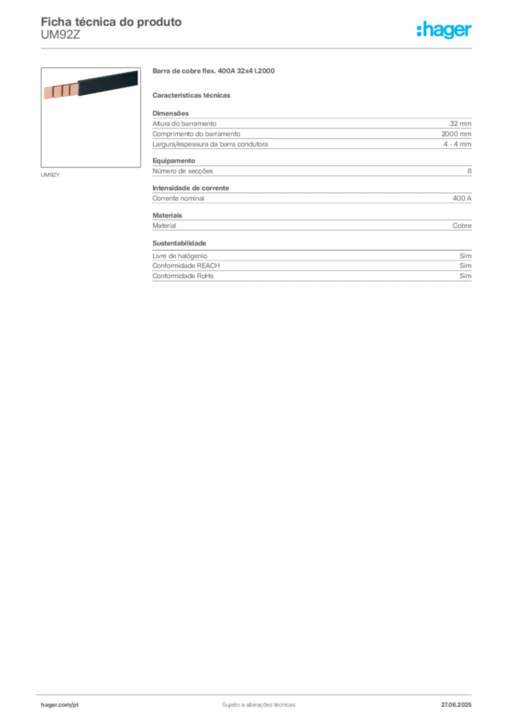 Imagem Hager Ficha técnica do produto UM92Z | Hager Portugal