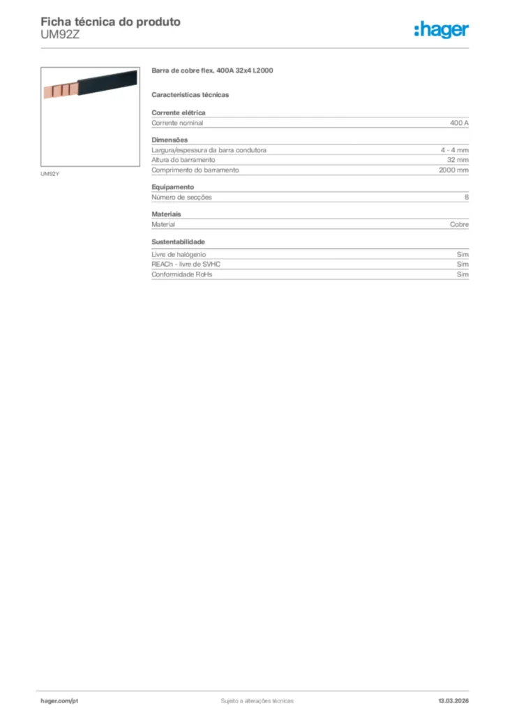 Imagem Hager Ficha técnica do produto UM92Z | Hager Portugal