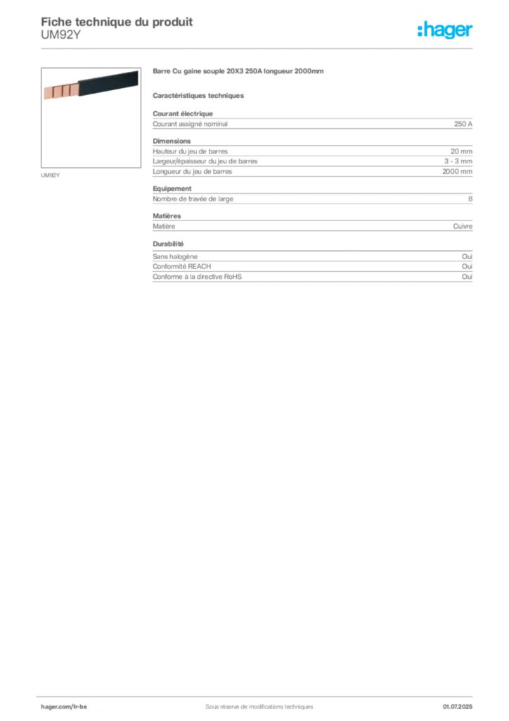 Image Hager Fiche technique du produit UM92Y | Hager Belgique