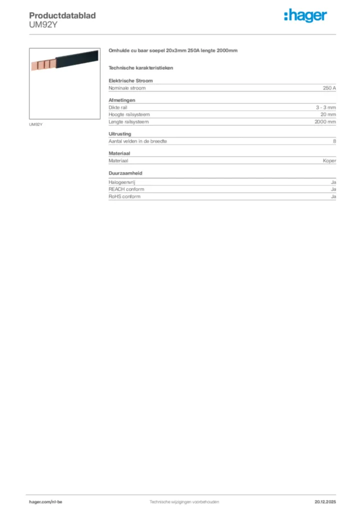 Afbeelding Hager Productdatablad UM92Y | Hager Belgium
