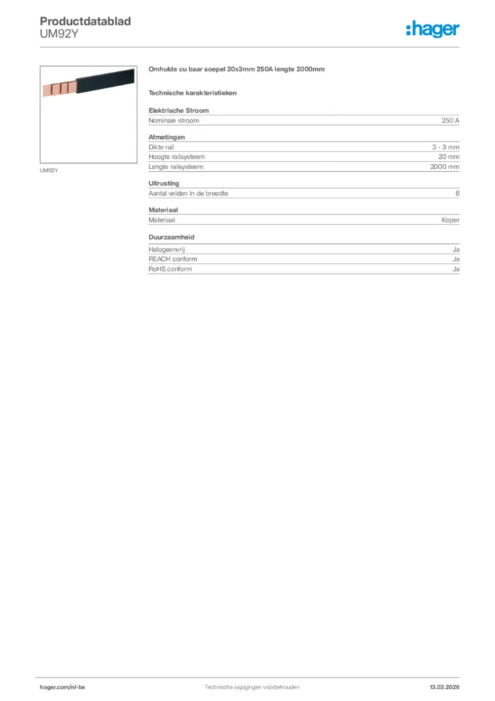 Afbeelding Hager Productdatablad UM92Y | Hager Belgium