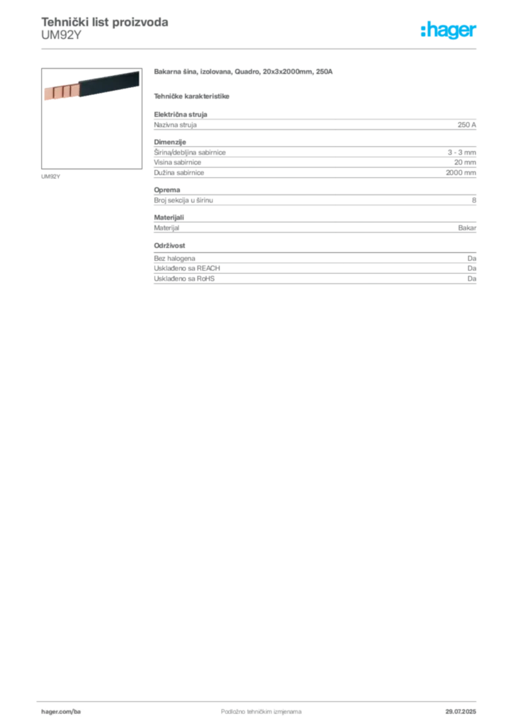 Slika Hager Product data sheet UM92Y  | Hager