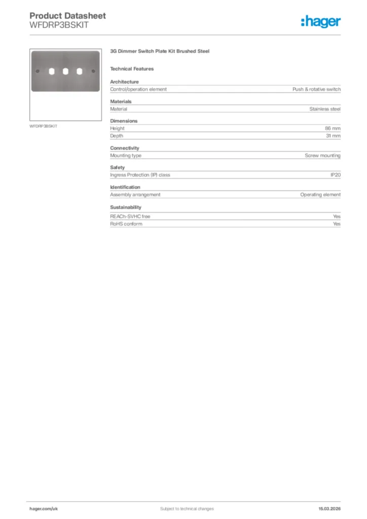 Image Hager Product data sheet WFDRP3BSKIT  | Hager