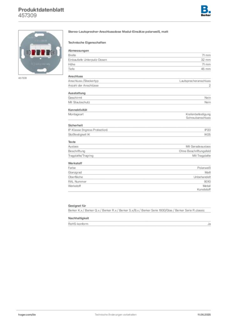 Bild Berker Produktdatenblatt 457309 | Hager Deutschland