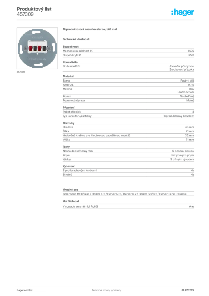 Obrázek Hager Produktový list 457309 | Hager