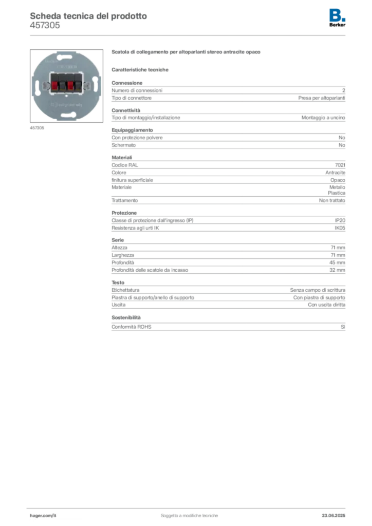 Immagine Berker Scheda tecnica del prodotto 457305 | Hager Italia