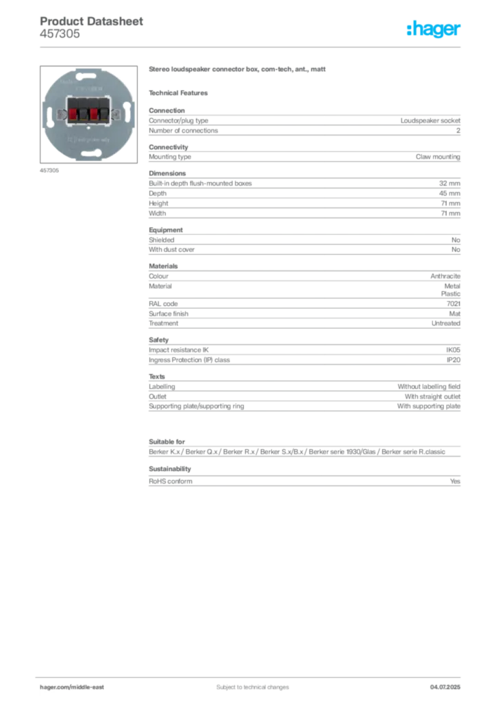 Image Hager Product data sheet 457305  | Hager