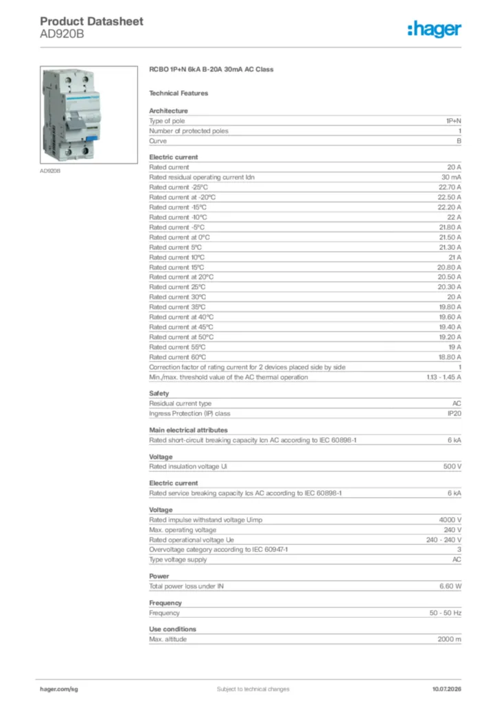 Image Hager Product data sheet AD920B  | Hager