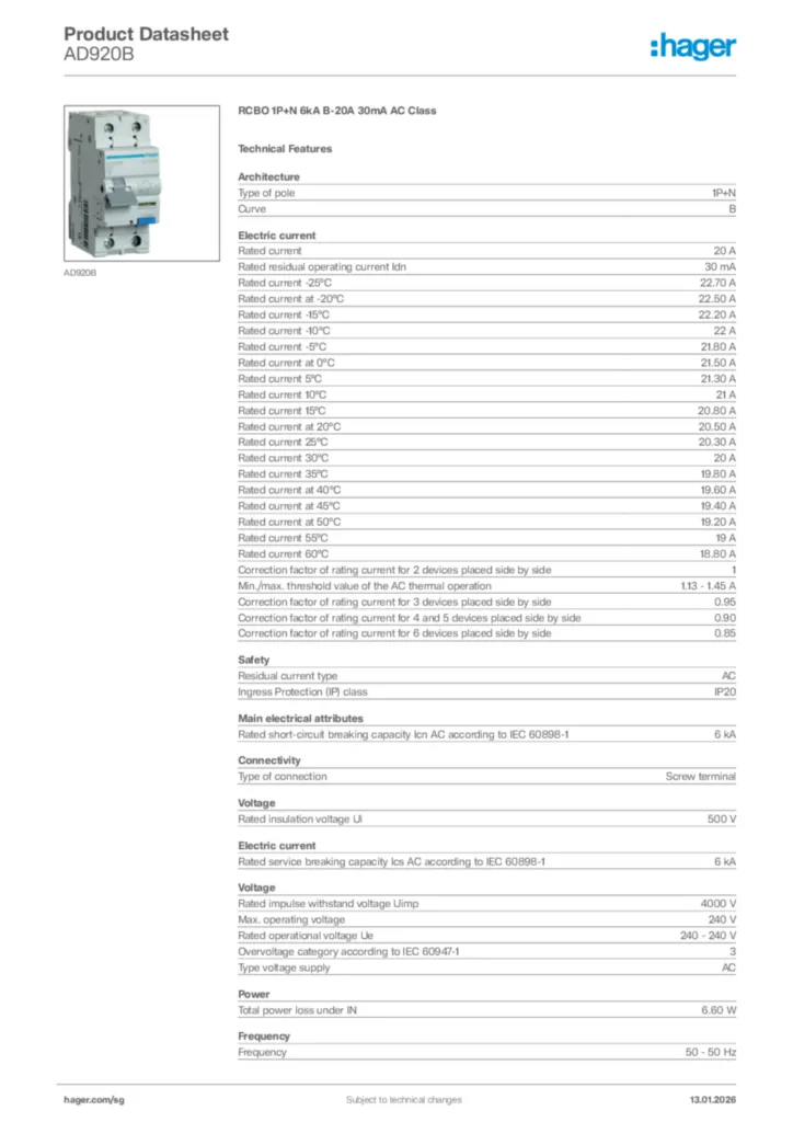 Image Hager Product data sheet AD920B  | Hager