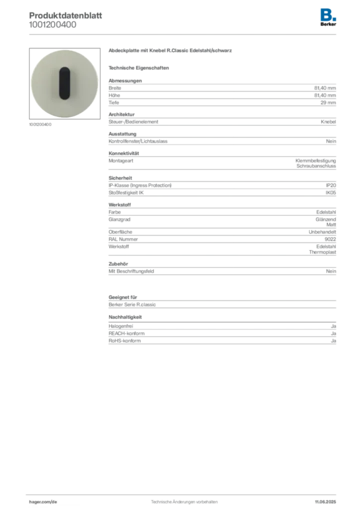 Bild Berker Produktdatenblatt 1001200400 | Hager Deutschland