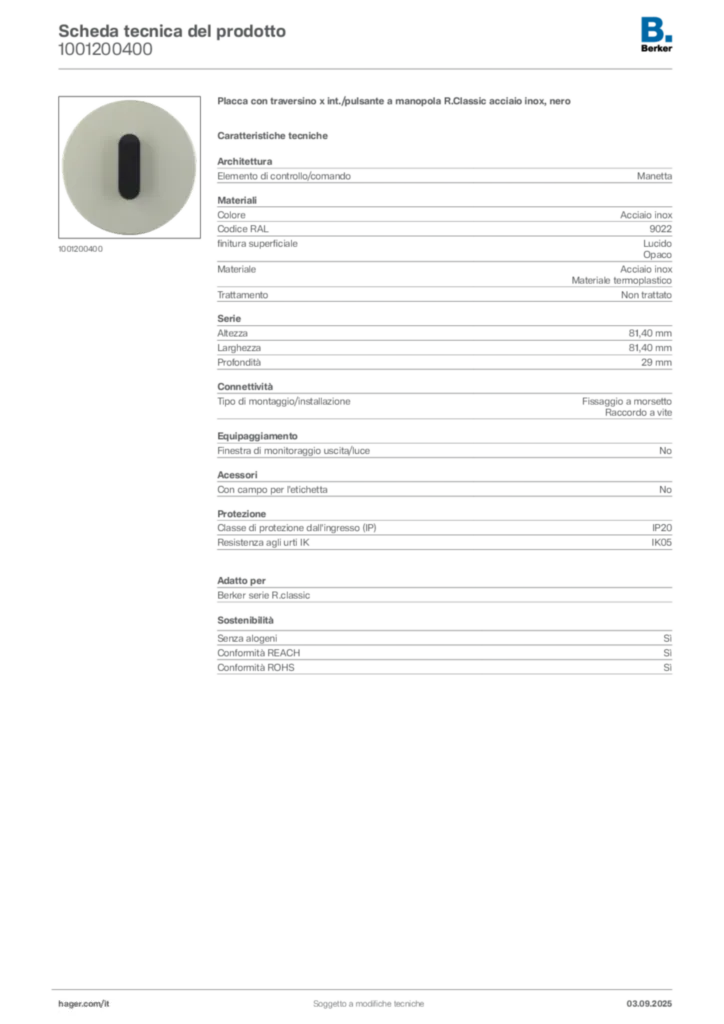 Immagine Berker Scheda tecnica del prodotto 1001200400 | Hager Italia