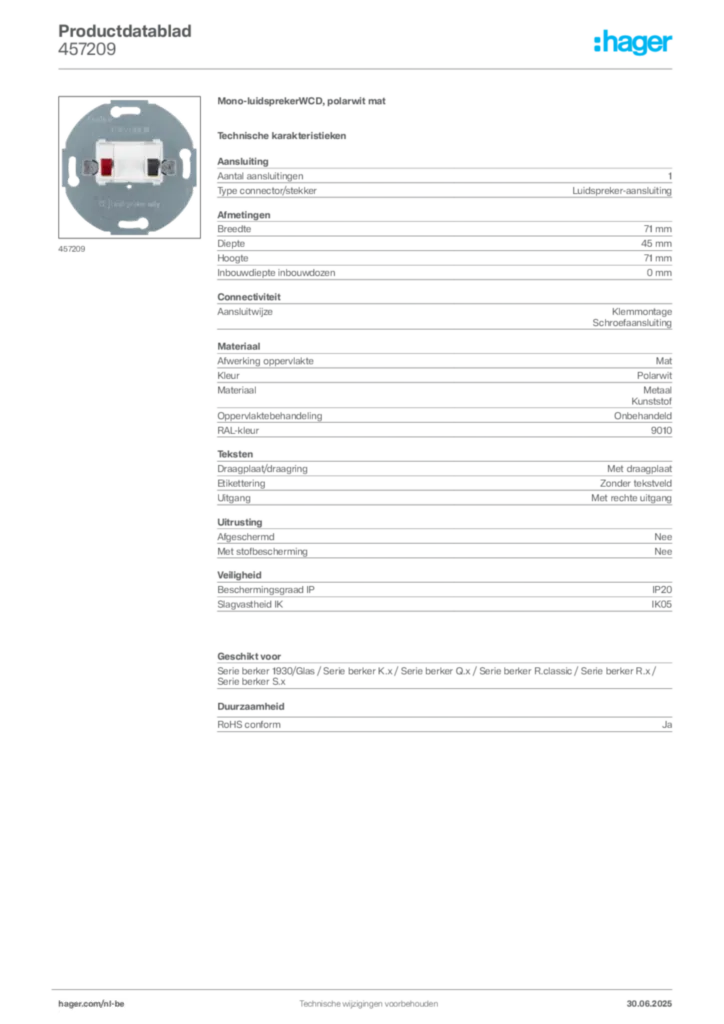 Afbeelding Hager Productdatablad 457209 | Hager Belgium