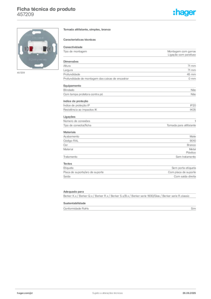 Imagem Hager Ficha técnica do produto 457209 | Hager Portugal