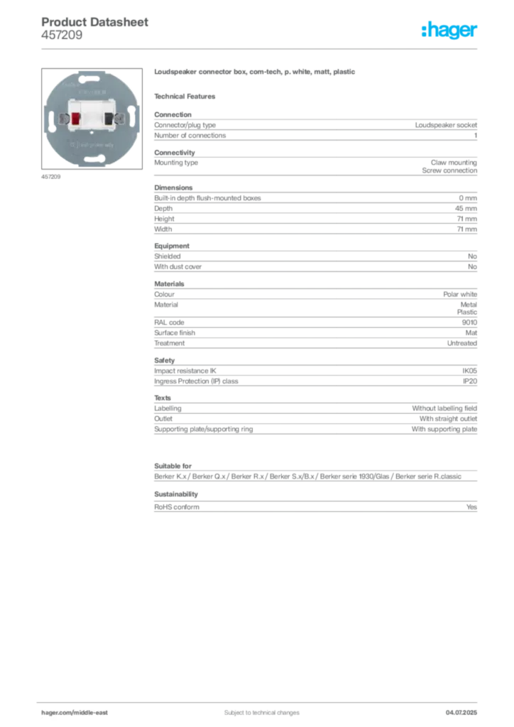 Image Hager Product data sheet 457209  | Hager